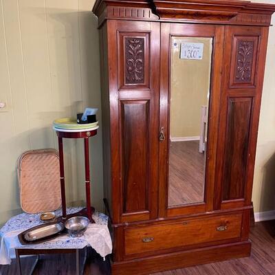 Lot 19: Mirrored Antique Armoire & small table