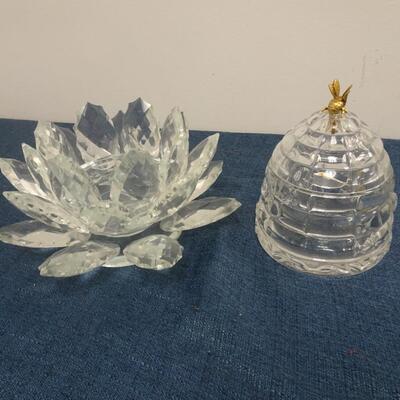 LOT 219. CRYSTAL GORHAM BEE HIVE DECOR AND WATER LILY CANDLE HOLDER