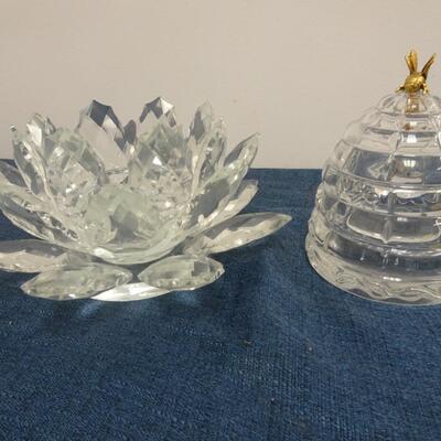 LOT 219. CRYSTAL GORHAM BEE HIVE DECOR AND WATER LILY CANDLE HOLDER