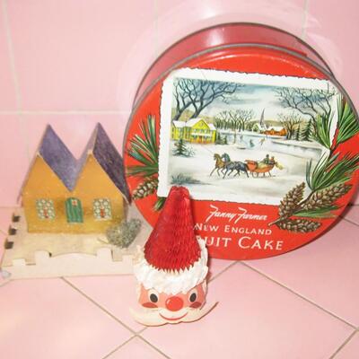 MS Vintage Christmas Fanny Farmer Fruit Cake Tin Holt Howard Santa Head House Bulb Cover