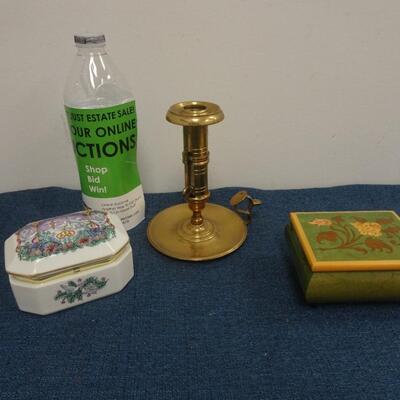 LOT 247. CANDLE STICK AND TWO MUSIC BOXES