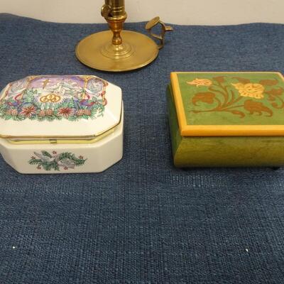 LOT 247. CANDLE STICK AND TWO MUSIC BOXES