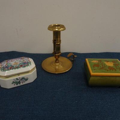 LOT 247. CANDLE STICK AND TWO MUSIC BOXES