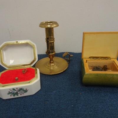 LOT 247. CANDLE STICK AND TWO MUSIC BOXES