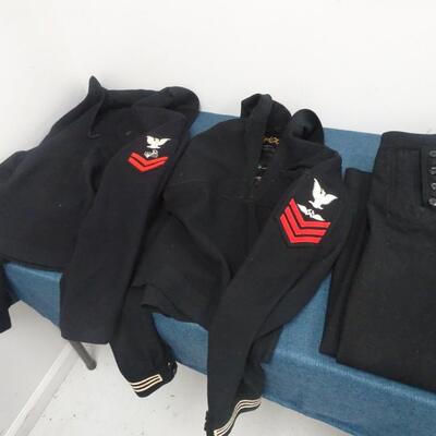 LOT 307. VINTAGE NAVY UNIFORMS TWO SHIRTS ON PAIR OF 13 BUTTON PANTS