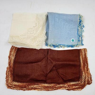 VINTAGE 3 PC LINEN HANDKERCHIEF