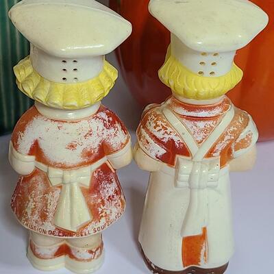 Lot 84: Vintage Kitchen Pottery Canister, Tomato Canister & Salt/Peppers
