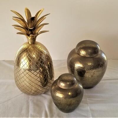 Lot #13  Brass Decorative Lot - Pineapple, 2 Ginger Jars/Urns