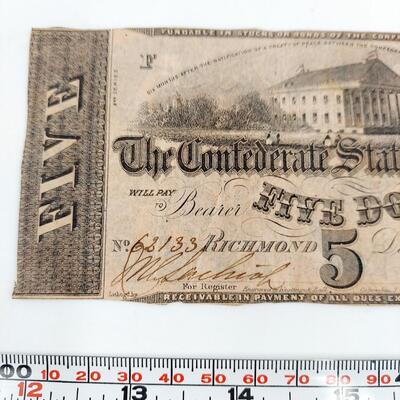 CONFEDERATE MONEY  - $5 - RICHMOND VA  - 1862