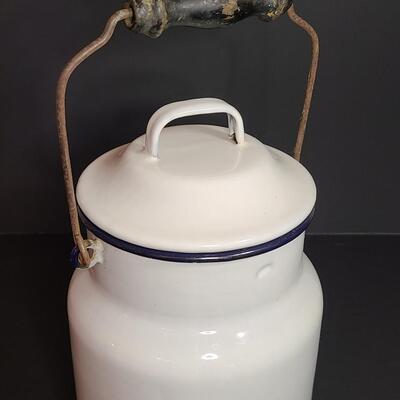 Lot 120: Vintage Enamel/Metal Milk Can, Wood Dough Bowl and More