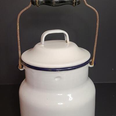 Lot 120: Vintage Enamel/Metal Milk Can, Wood Dough Bowl and More