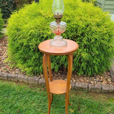 Lot 124; Vintage Tall Oak Lamp/Plant Stand & Eagle Oil Lamp