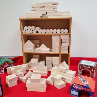 Plan Toy Wooden Blocks, Shelf, and Buildings