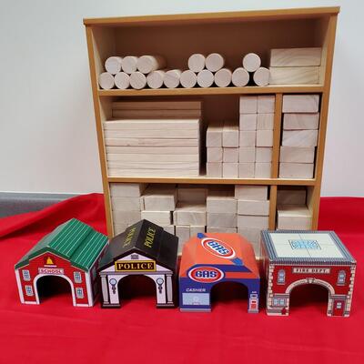 Plan Toy Wooden Blocks, Shelf, and Buildings