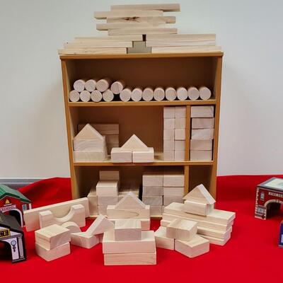 Plan Toy Wooden Blocks, Shelf, and Buildings