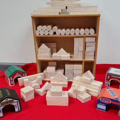 Plan Toy Wooden Blocks, Shelf, and Buildings