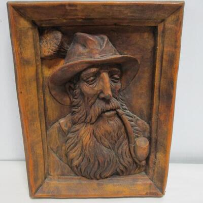 Hand Carved German Sculpture Picture Old Man w/ Hat & Pipe