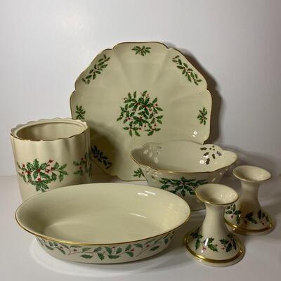 Lot 47: Lenox Holiday Collection Serving Pieces and Candlesticks