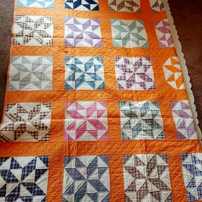 HAND STITCHED? BEAUTIFUL ORANGE AND MULTI COLORED QUILT