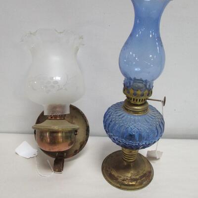 Vintage Blue Cobalt Oil Lamp Glass + Brass Base & Oil Wall Hanging Lamp