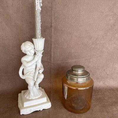 Lot 21 Amber Glass Jar and Porcelain Figurine