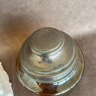 Lot 21 Amber Glass Jar and Porcelain Figurine