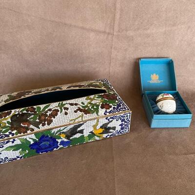Lot 31. Cloisonne Tissue Box Cover and Bilston and Battersea Enamel Piece