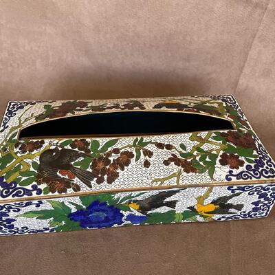 Lot 31. Cloisonne Tissue Box Cover and Bilston and Battersea Enamel Piece