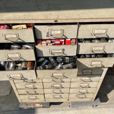 Steel 27-drawer file storage cabinet, full of vintage radio tubes