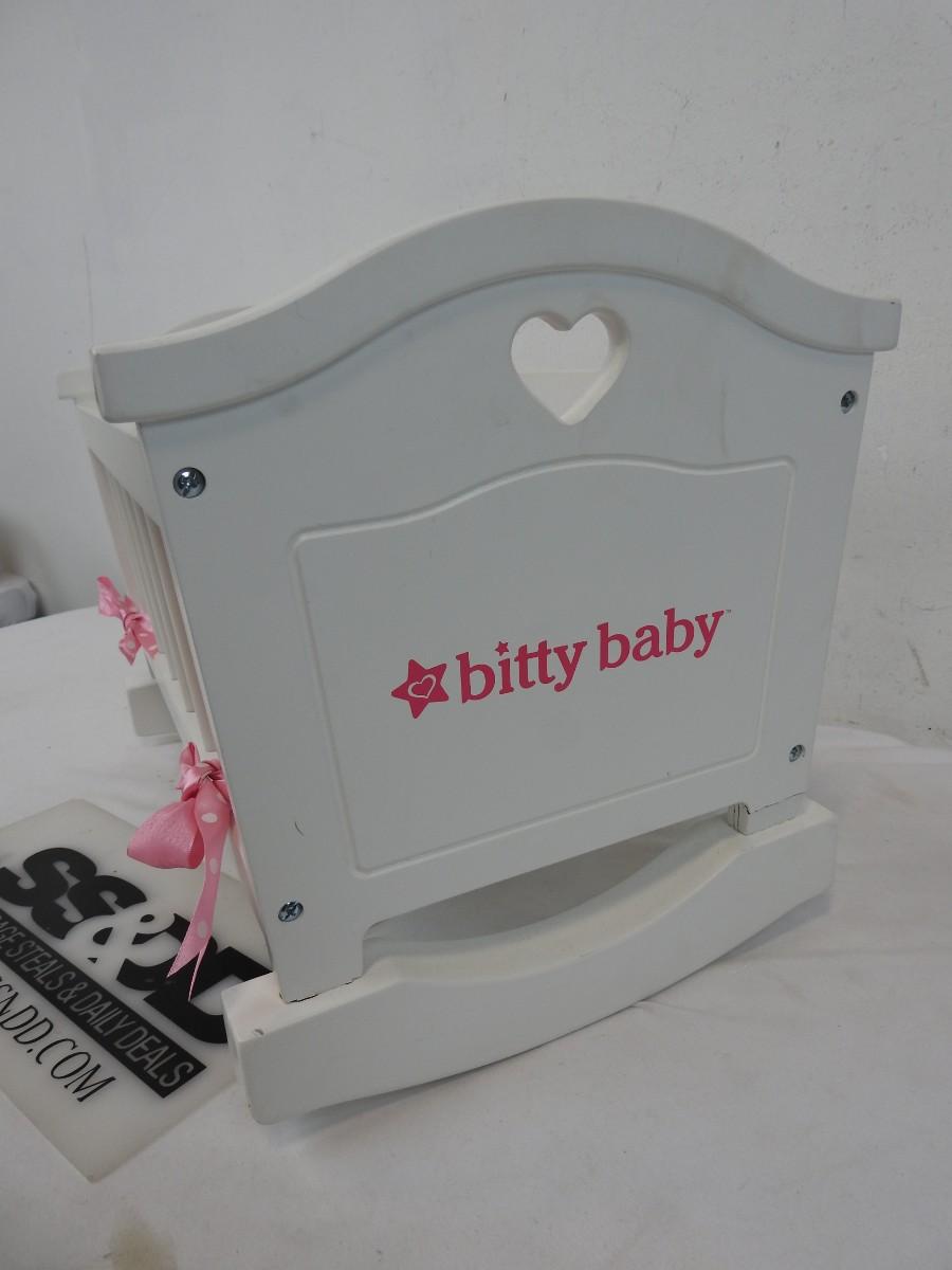 Bitty Baby Doll Cradle White Wood with Purple Pink Mattress Pink