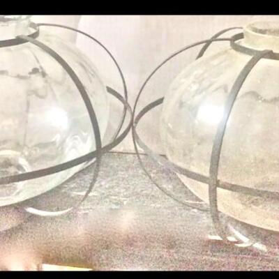 2 Vintage Matching Caged Glass Metal Lamp Shades