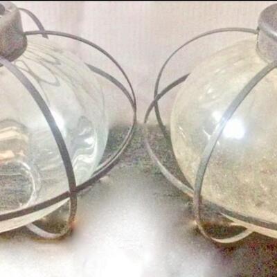 2 Vintage Matching Caged Glass Metal Lamp Shades