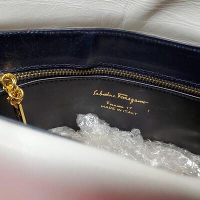 Salvatore Ferragamo Navy and White Handbag