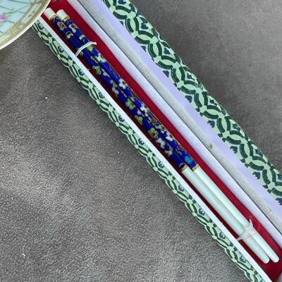 Lot 60  Cloisonne Chopsticks & Porcelain Covered Bowl