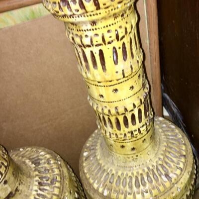 Pair Mid Century Table Lamps 27" tall Earth Colors Incised Geometric Design
