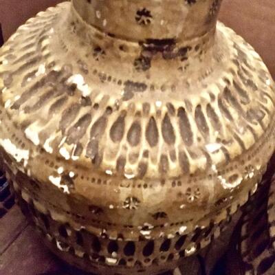 Pair Mid Century Table Lamps 27" tall Earth Colors Incised Geometric Design