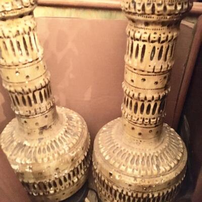 Pair Mid Century Table Lamps 27" tall Earth Colors Incised Geometric Design