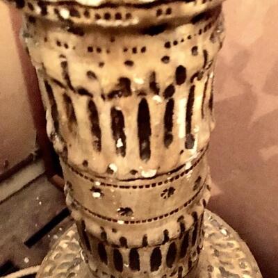 Pair Mid Century Table Lamps 27" tall Earth Colors Incised Geometric Design
