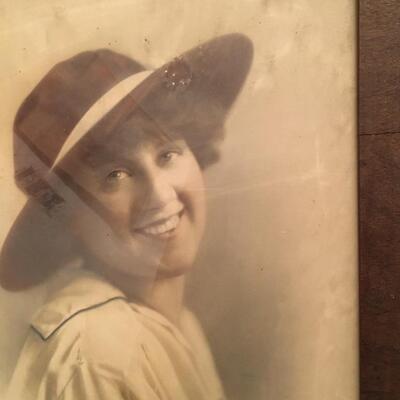 Wall Art  Antique Photographic Portrait of Smiling Woman in Hat in Original Frame