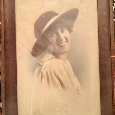 Wall Art  Antique Photographic Portrait of Smiling Woman in Hat in Original Frame