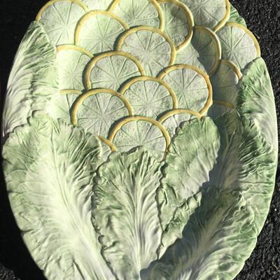 Ceramic Serving  Platter Green Leaves Lemon Slices Majolica style