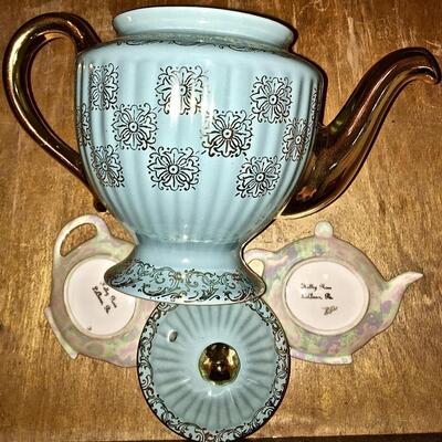 Hall Teapot Blue Gold and 2 Tea Bag Holders