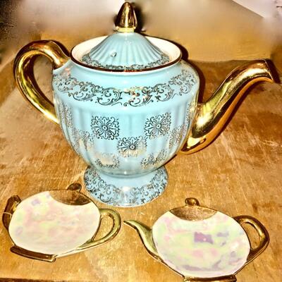Hall Teapot Blue Gold and 2 Tea Bag Holders