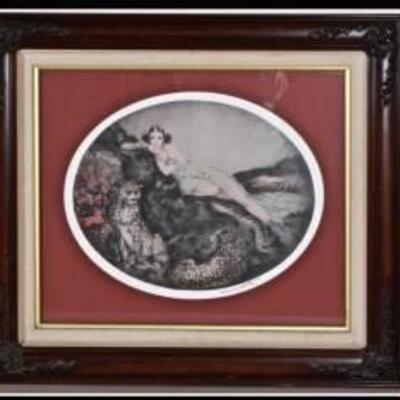 Louis Icart "Woman and Panther" lithograph framed size 28-1/4" x 32-1/2"