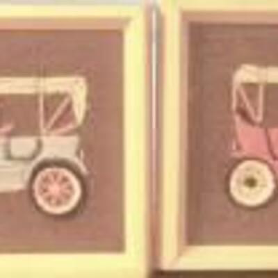 2  Mid Century Wool Needle work embroidery of antique cars vintage