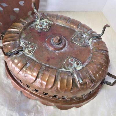 Antique French Copper Warmer Footed Stove with Wood Handle