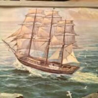 Vintage Art Lithograph Print of Ship Framed