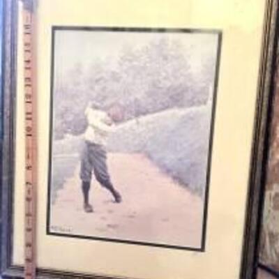 Vintage Art Lithograph Print of Golfer with Mat, Glass and Frame