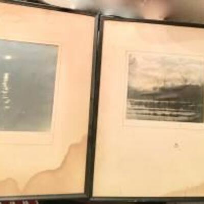 Vintage 2 Black and White night scapes, framed,  mat  damaged and stained