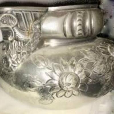 Silver Plate Pitcher heavily detailed flowers dragons